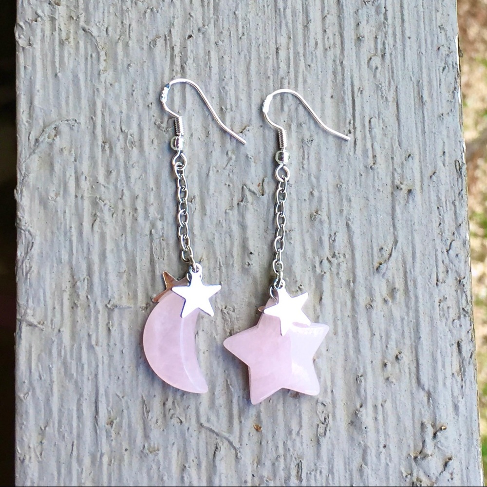 Dangle Rose Quartz Earring Necklace Set Star Moon